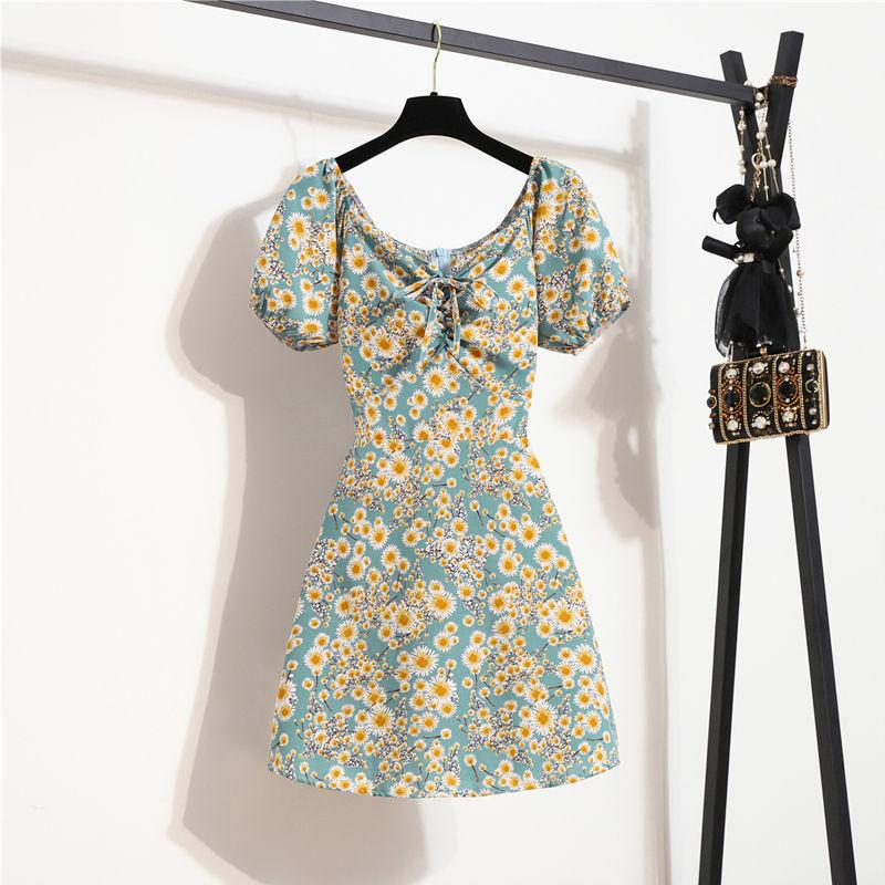 Abiti casual a vita alta con scollo a V a maniche corte con stampa floreale primavera estate moda donna