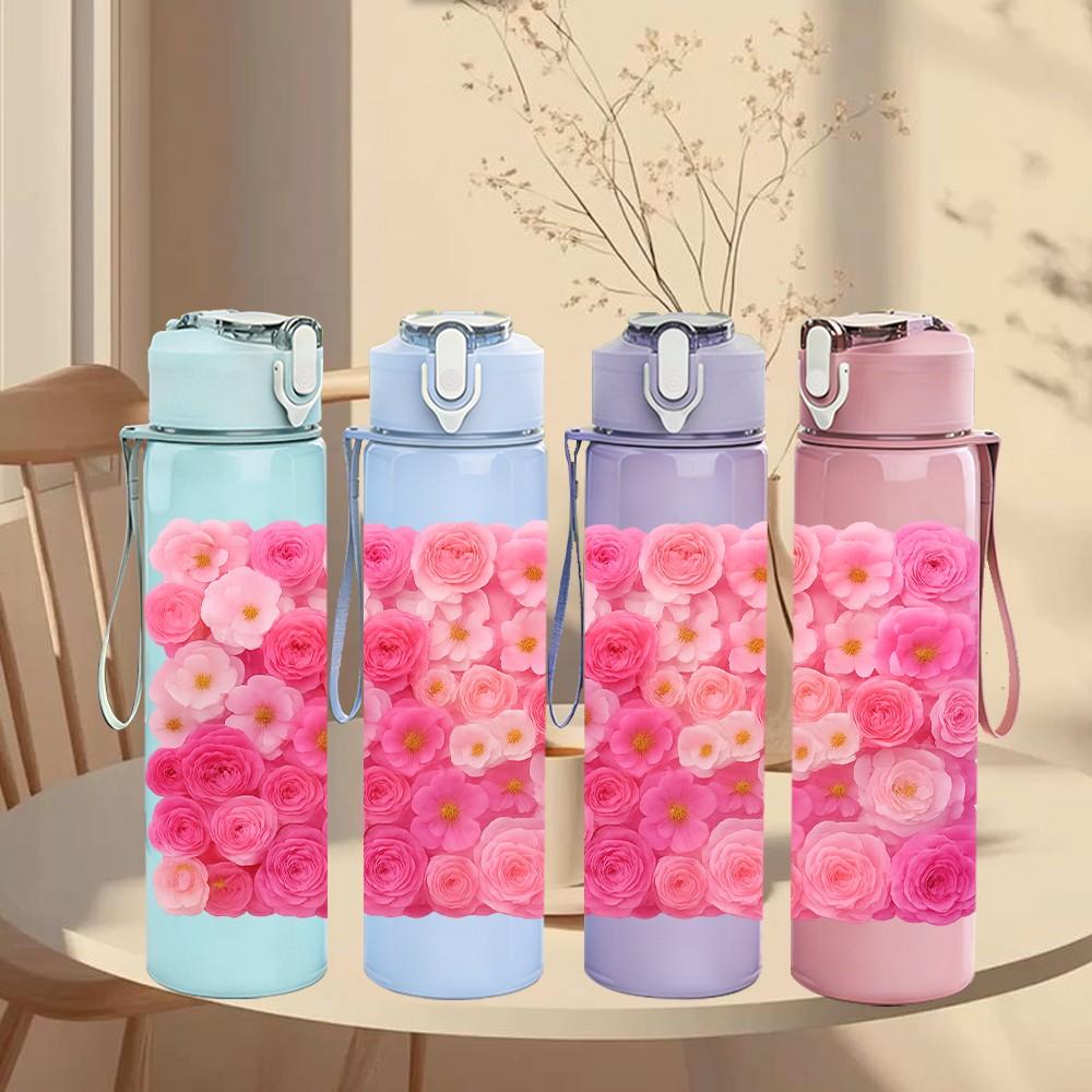 1PC Pink Chrysanthemum Full Bloom Print 750ml Color Plastic Sports Water Bottle Leakproof Flip Straw Lid Suitable for Sports Office Home Use