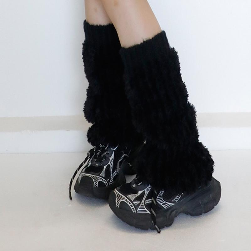 Ribbed Knit Cuffs Furry Leg Warmers for Women Students Winter Furry Plush Boot Covers Stretchy Calf Socks Streetwear