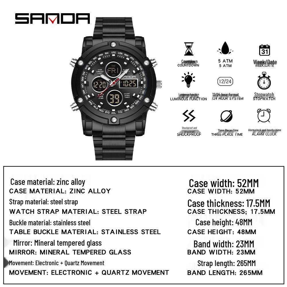 Sanda Dual Movement 5ATM Waterproof Multifunctional Steel Band Men's Watch with Alarm Clock