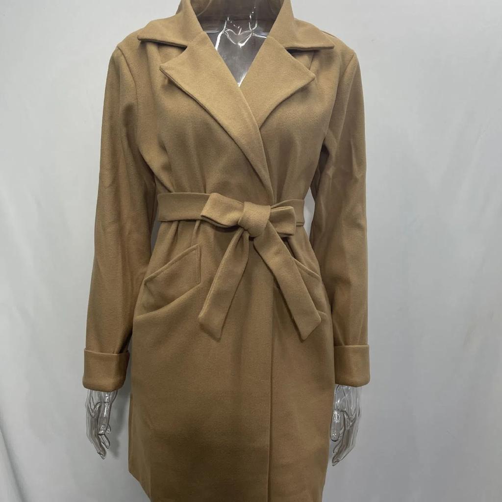 2026 Autumn Winter Fashion Slim Fit Belted Lapel Wool Coat - Warm Overcoat for Women