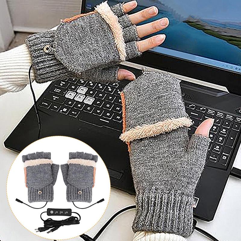 Electric Heating Gloves Knitting Heated Cold Weather Mittens With 3 Heat Settings Full & Half Fingers Warmer For Hiking Winter