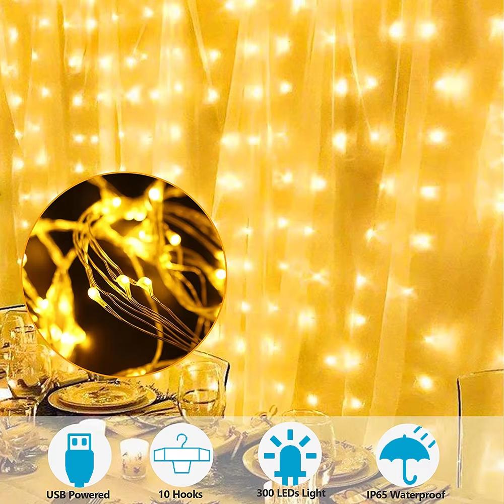 USB 3x1M Curtain String Lights 100 LED Fairy Lights with Remote Control 8 Modes Copper Wire for Room Window Christmas Wedding Party Decor