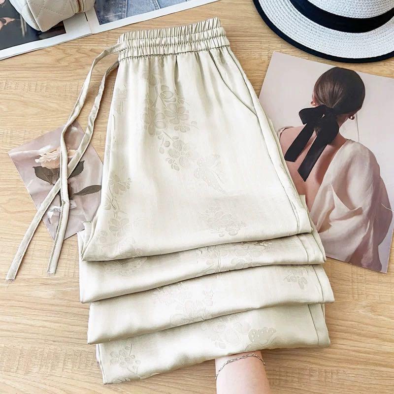 

New Chinese-style Acetic Acid Printed Wide-leg Pants for Women In Summer New Small Pants Thin Nine-point Straight Pants M