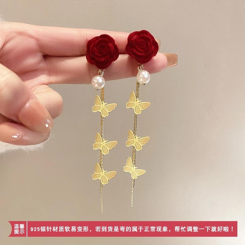 

New red flower long butterfly fringed earrings female, silver needle light luxury temperament earrings earrings