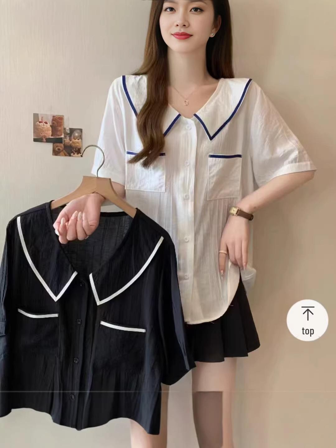 

Plus-Size Color-Block Doll Collar Short-Sleeve Shirt with Double Pockets 4XL чёрный