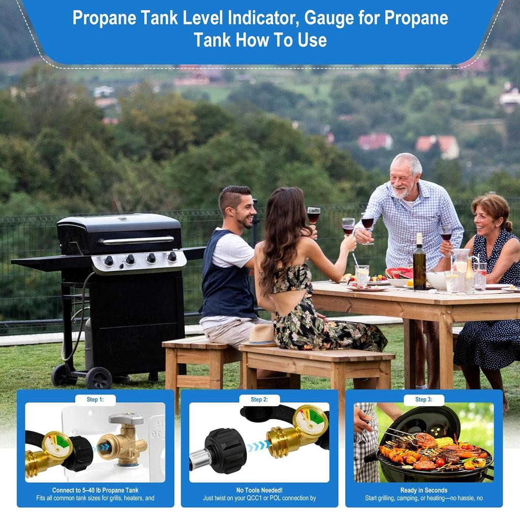 Propane Tank Gauge,Propane Tank Gauge Level Indicator,Universal Propane Gauge For 5-40 Lb LP Tank,Color-Coded Gas Pressure Meter & Leak Detector