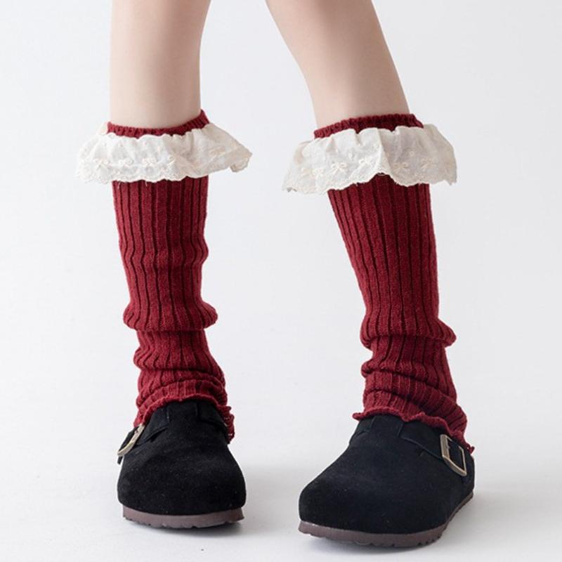 

New Angola Red Bowknot Tiered Ruffled Knitted Leg Warmers Women JK Girls Lace-edge Knee High Socks Sweet Cute Lolita Leg Covers One Size