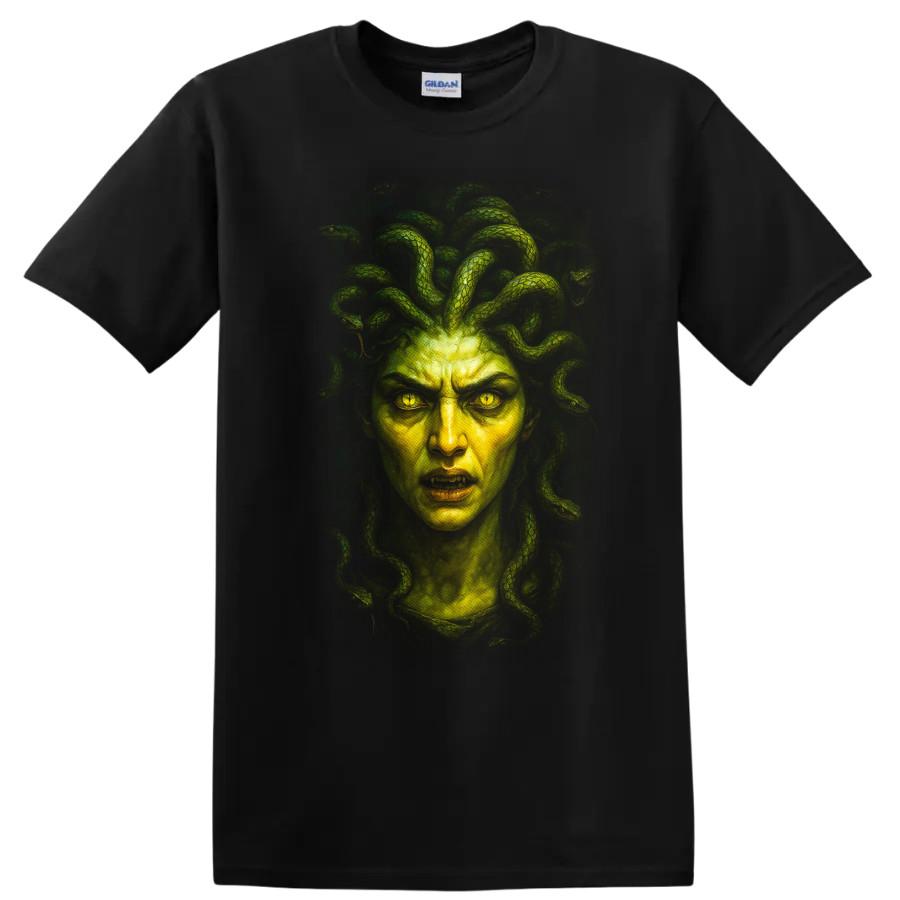 Medusa Mythological Snake Woman Horror T Shirt Green Eyes Gothic Art Tee