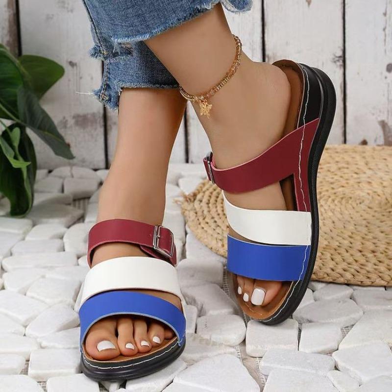 Women's Plus Size New Summer European American Style Color Blocking Wedge Heel Open Toe Slide on Beach Sandals