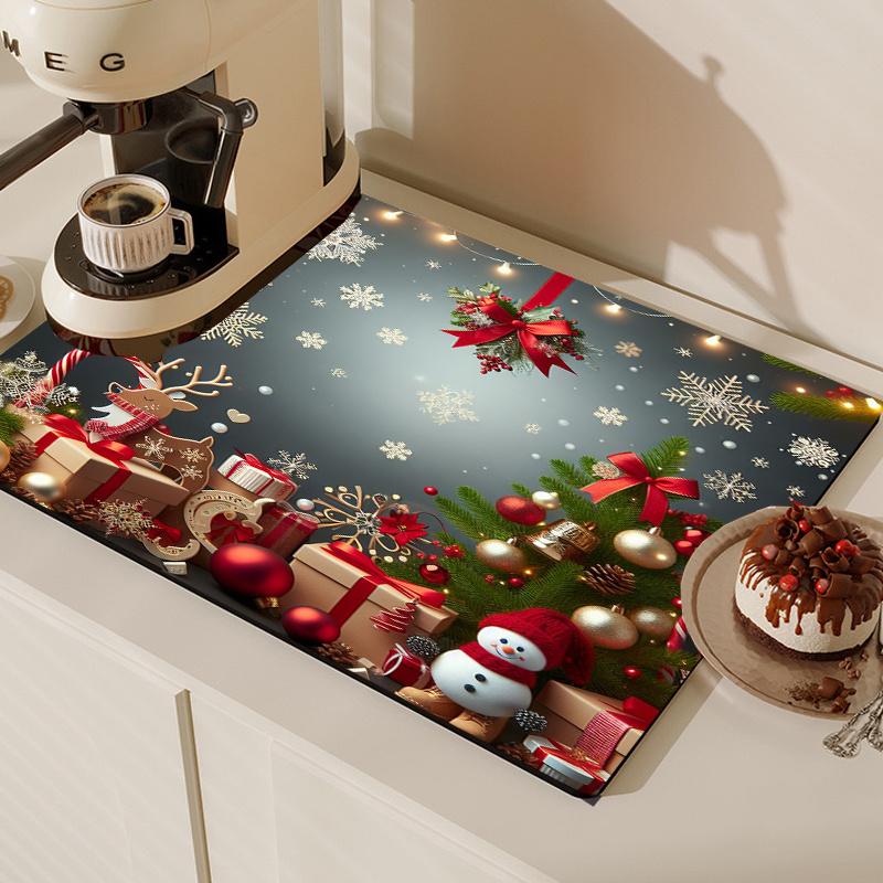 1Pcs Rubber Drying Mat With Christmas Style Print For Coffee Shop Restaurant Kitchen Carpet Tableware Durable Diatom Mud Table Mat Pet Mat Coffeeware