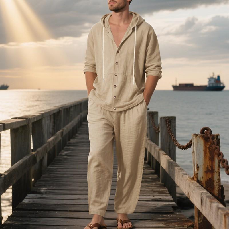 Men's Linen Long Sleeve Hooded Shirt and Pants Casual Beach Set