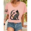 2026 New Summer Women's Fashion T-Shirt Short Sleeve 3D Cat Print Top Tees V-Neck Casual