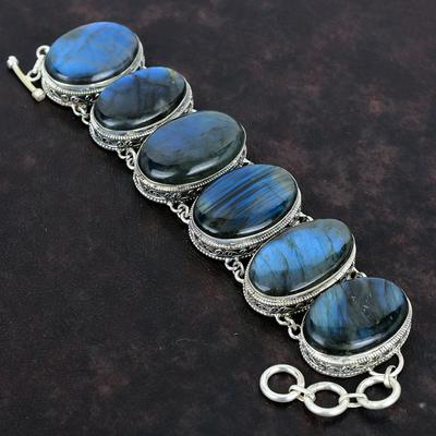 Labradoriet Armband Natuurlijke Edelsteen Armband Handgemaakte Boho Sieraden 925 Sterling Zilveren Armband Verstelbare Ketting Armband Vintage Armband