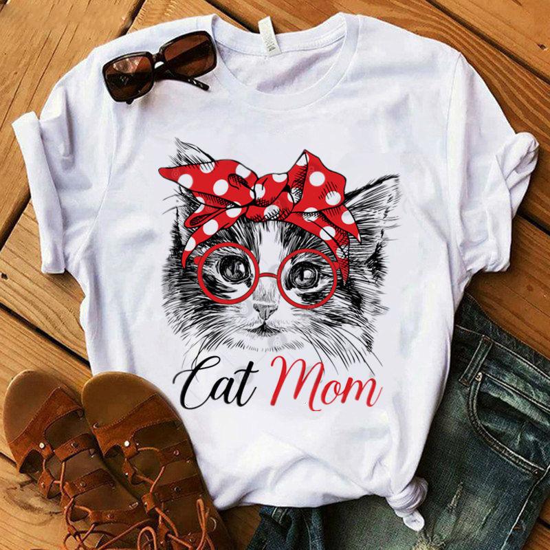 Casual Kawaii Animal Cartoon Cat Dog Graphic Womens T-Shirt 90S Summer Shirts Short Sleeve Loose White Blouse O-Neck Female Tops