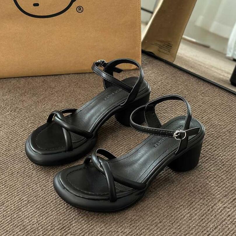 Women Thi Heel Sandals Summer Fairy Sle Open Toe Roman High Heels Faionable Casual Low Cut PU Lined Black Slingback Ponted Shoes