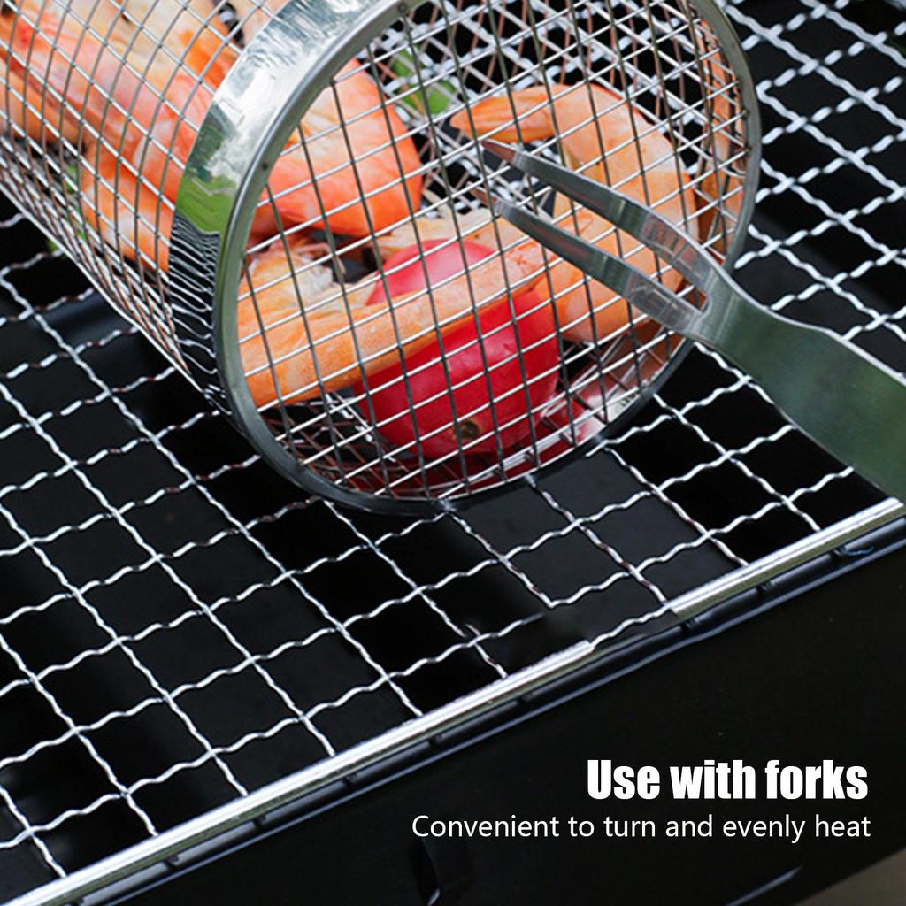 2025 new Stainless Steel BBQ Basket Portable Rolling Wire Mesh Cylinder Grill Basket for Outdoor Camping Barbecue