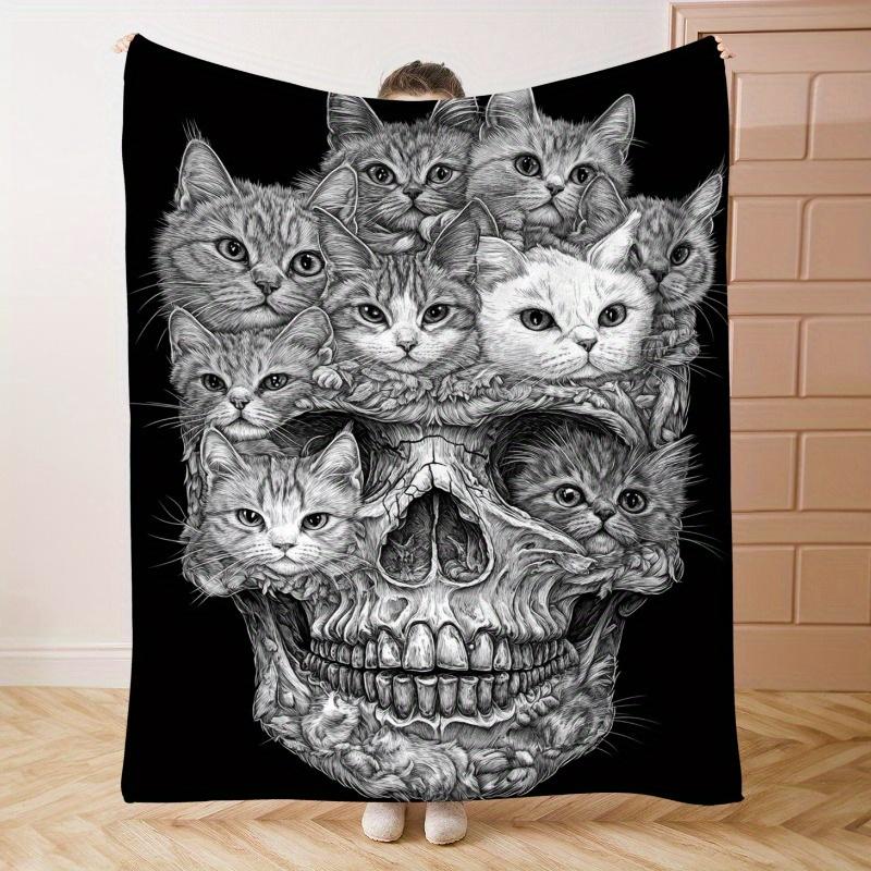 

White cat face and bone pattern Flannel printed blanket suitable for all seasons suitable for living room office sofa and travel 75x100cm (30x40inch)