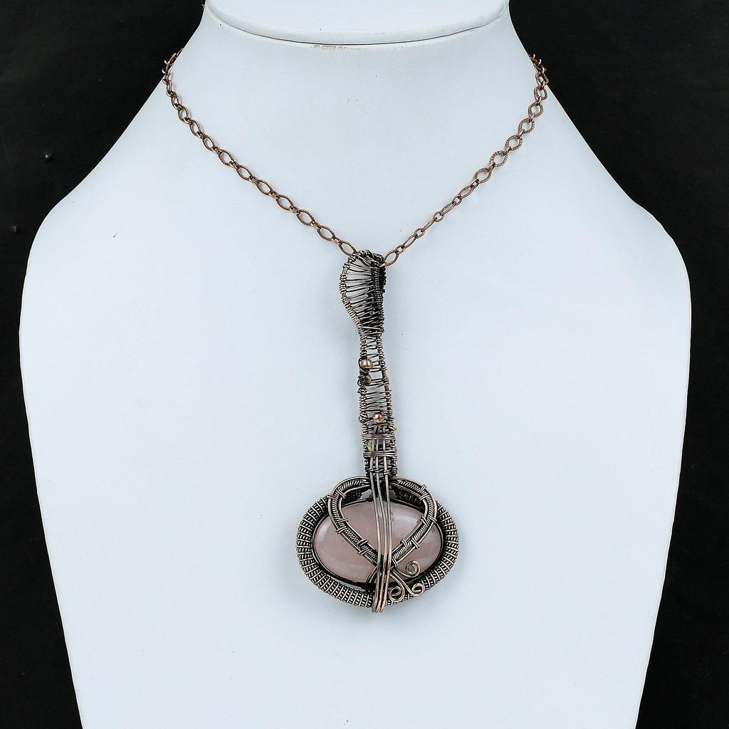 Rose Quartz Pendant Copper Wire Wrapped Pendant Guitar Pendant Copper Jewelry Handmade Pendant Gemstone Pendant Gift For Mother Wire Jewelry