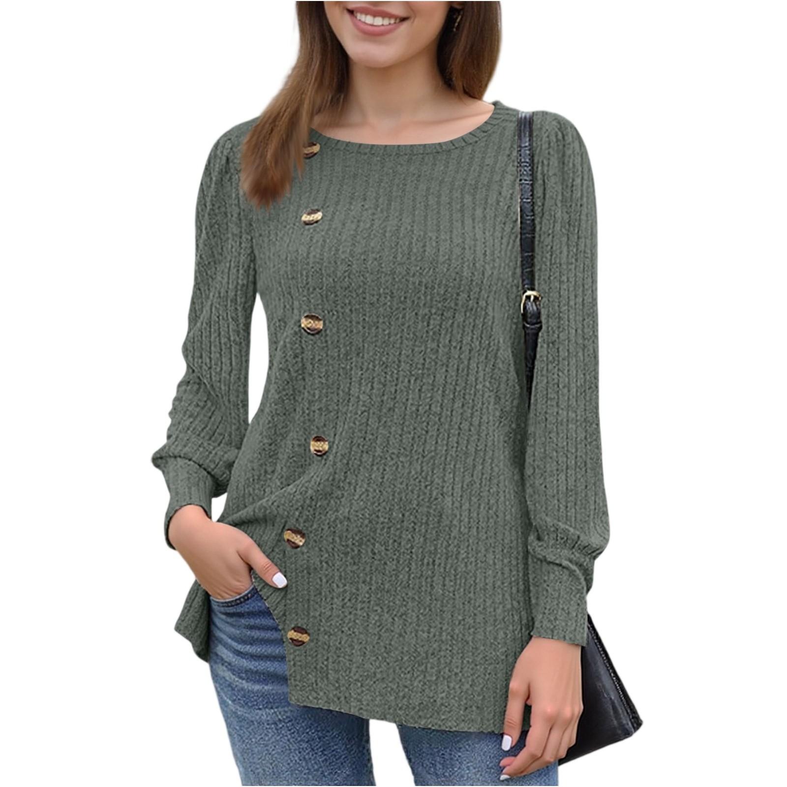 

Women s Fashion Square Neck Solid Color Fleece Long Sleeve Decorative Button Hem Split Top L армія зелений колір