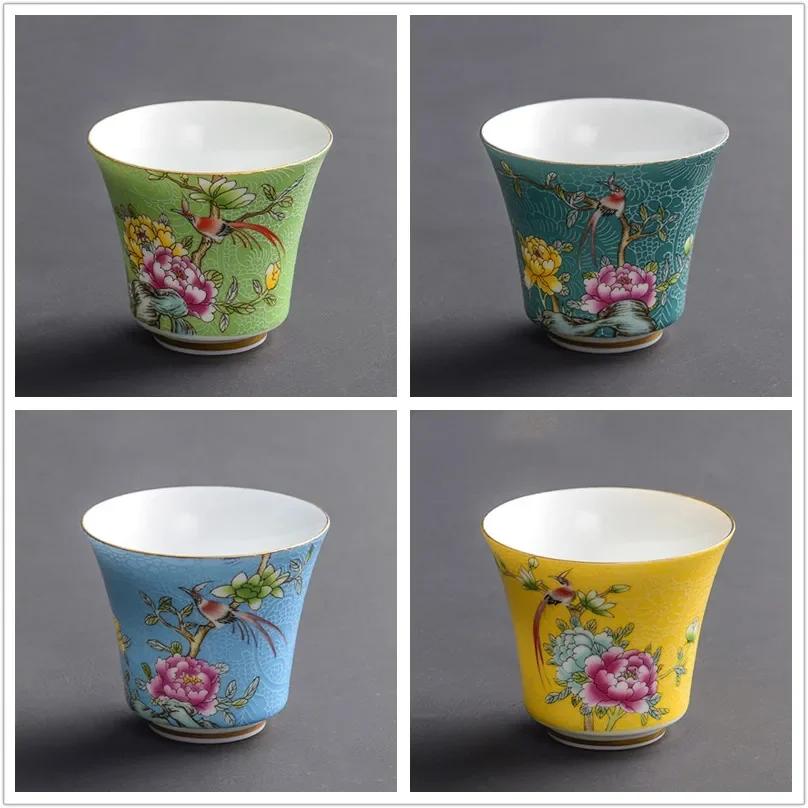 

4 Pcs/set Jingdezhen Exquisite Ceramic Teacup Hand Painted Flowers and Birds Enamel Tea Set Travel Portable Tea Bowl Master Cup 4 PCS
