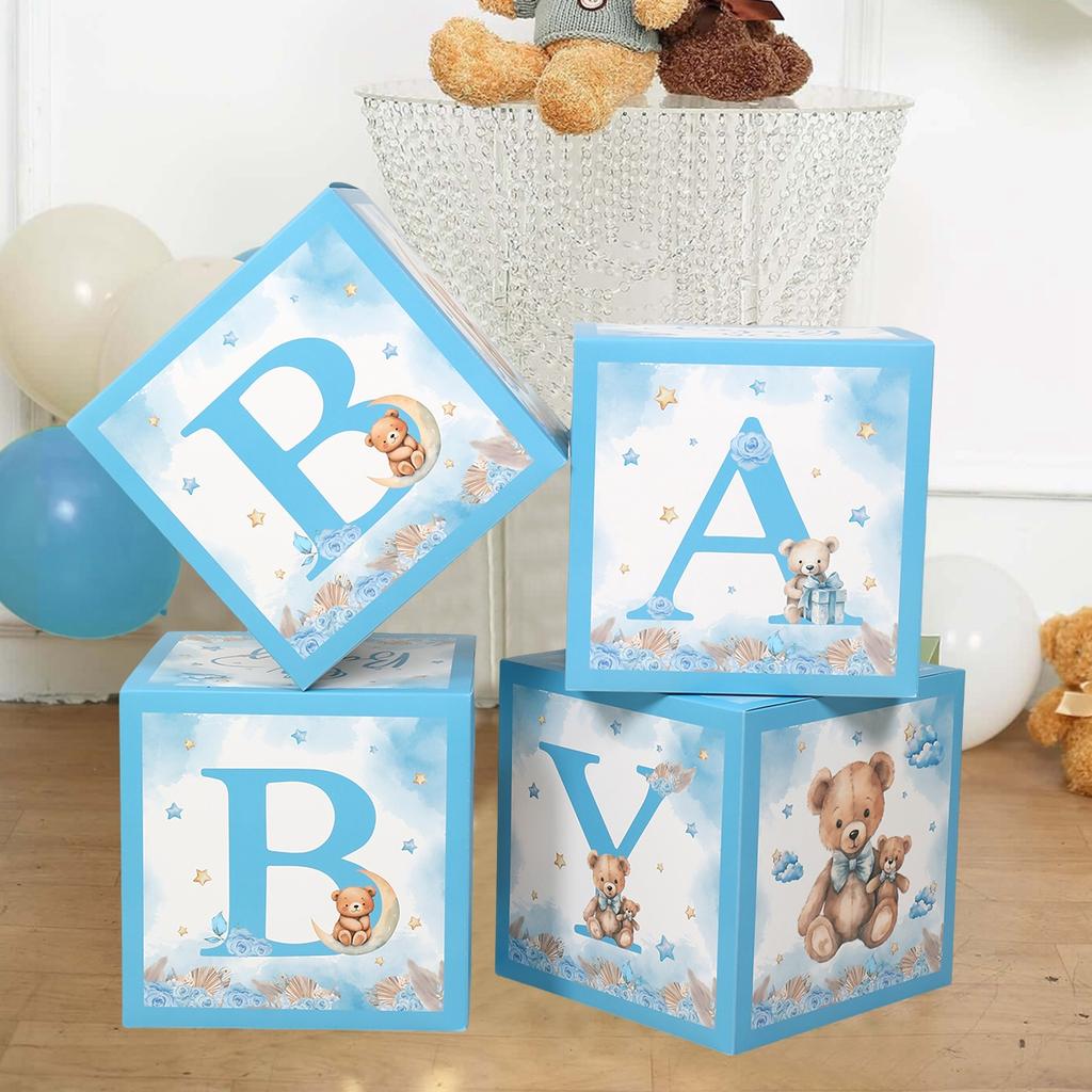 4pcs Blue Baby Shower Box Baby Balloon Box 1st Birthday Party Decor Kids Teddy Bear Baby Shower Boy Girl Gender Reveal Decor