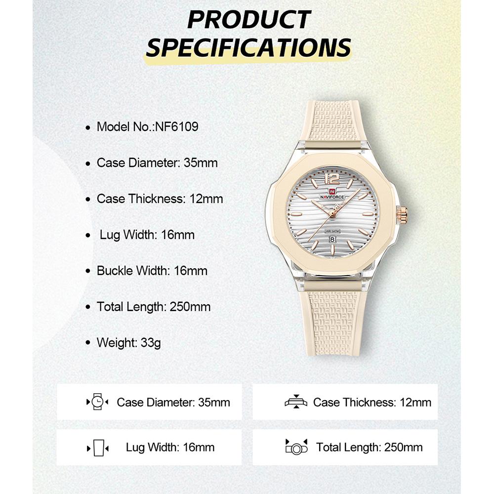 NAVIFORCE Original Women Girls Simple Quartz Watch Date Waterproof Silicone Strap Luminous Hands Lightweight Women Girls Watch Gift NF6109