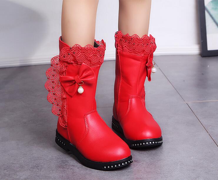 Children's Snow Boots New Winter Girls Mid-calf Lace Bow Zip with Plush Warm Waterproof Leather Boots Kids Princess Tall Boots