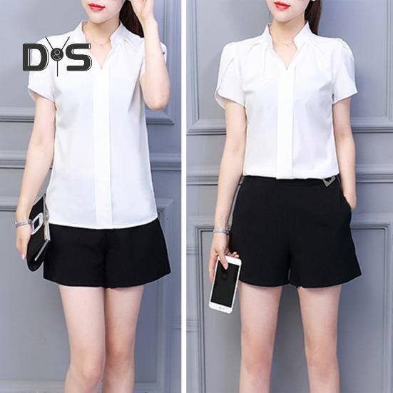 Summer Chiffon Shirt Stand Collar V-neck Petal Short Sleeve Pullover Tops Solid Color Thin Women Blouse Workwear