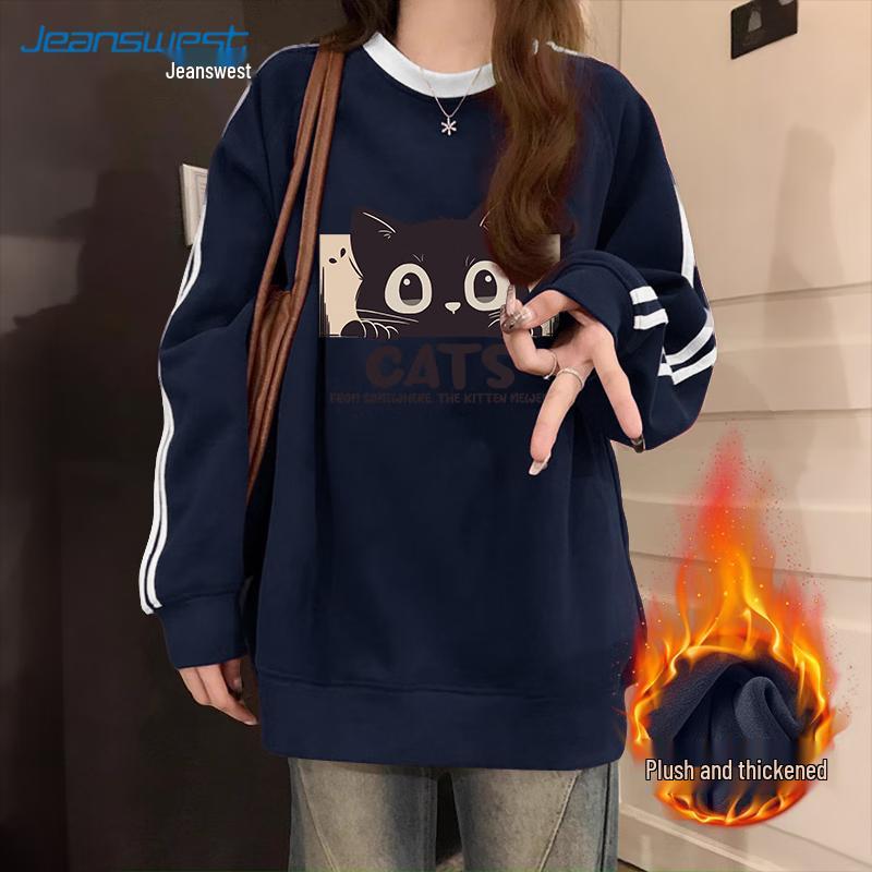 Jeanswest Damen Locker geschnittenes Rundhals-Sweatshirt mit Katzenprint oder Fleecefutter