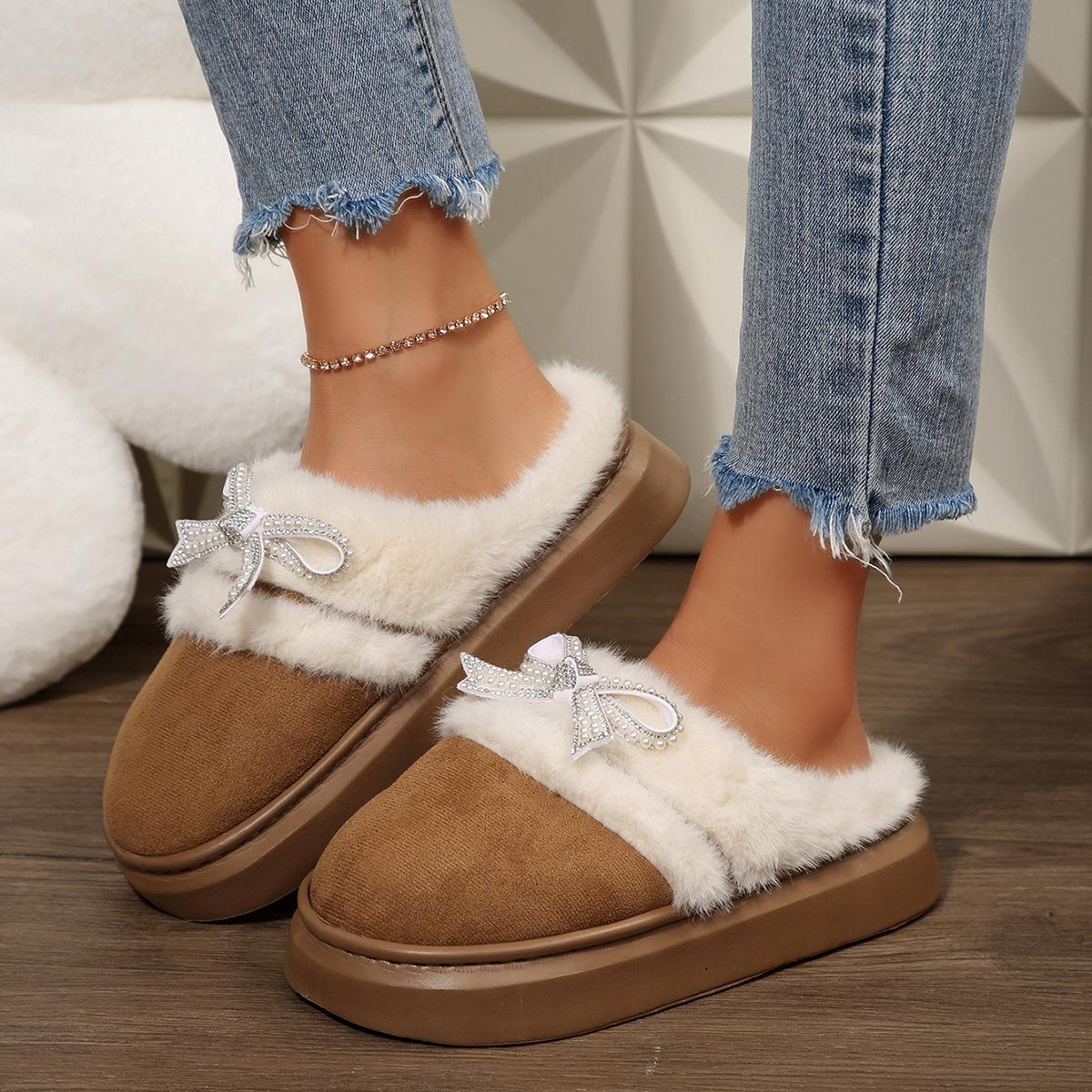 

Fashion Elegant Glitter Bowknot Furry Mules Slippers Women 2025 Winter Soft Thick Bottom Indoor Slippers Fashion Faux Fur Slippers 40-41 коричневый