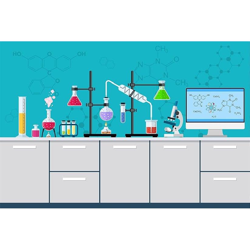 BELECO Chemical Science Birthday Party Backdrop 7x5ft Fabric Cartoon Chemistry Lab Equipment Science Research Background for Kids Science Party 5x3FT