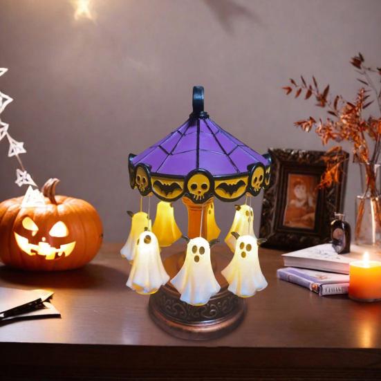 Ghostly Carousel Night Light Halloween Light Up Ghost Night Lamp Festive Atmosphere Spooky Lamp Decor for Bedroom