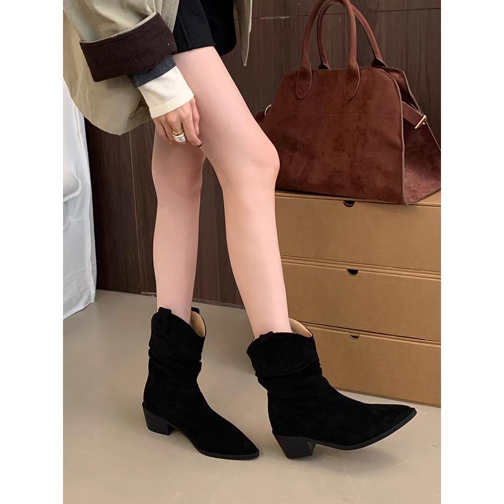 New 2026 Women's Autumn Winter Ankle Boots Cow Suede Leather Shoes for Women Pointed Toe Short Boots Chunky Shoes Western Boots