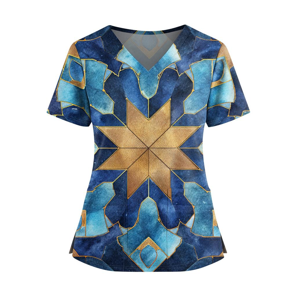 Ladies' Fashionable Floral Print V-neck Double Pocket Short Sleeved Shirt With Slit Hem And Protective Worker's Top