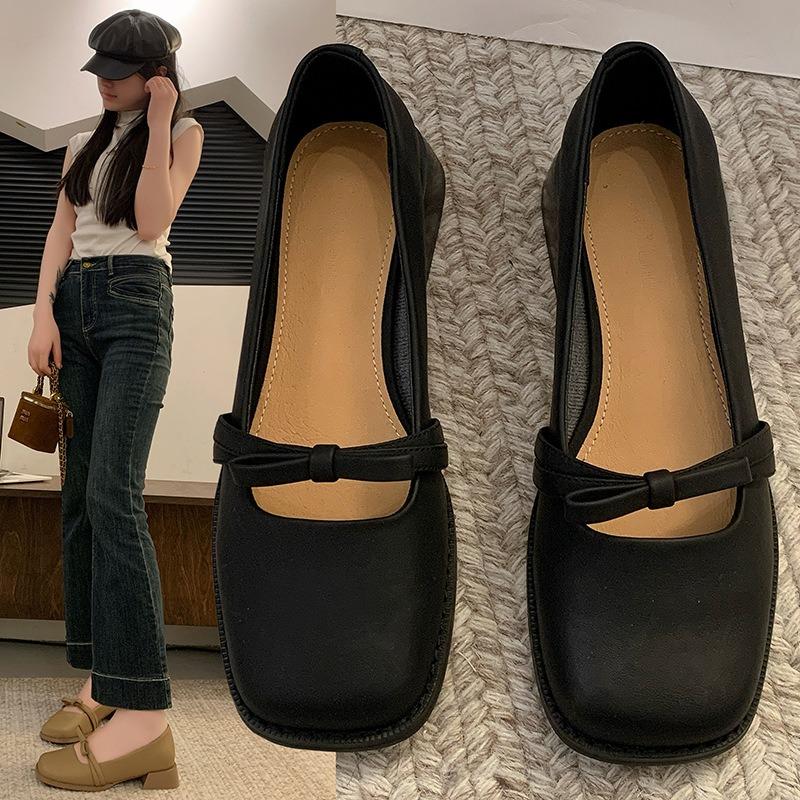 Leather Shallow Mouth Square Head Single Shoes Women's Low Heel Square Heel Small Leather Shoes Spring and Autumn Soft Sole Bow Mary Jane Shoes