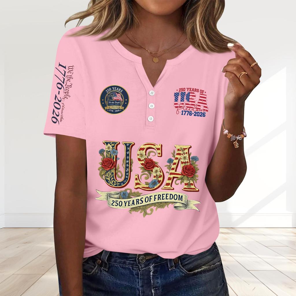 Damenmode Lässig 250. Jahrestag Unabhängigkeitstag Druck V-Ausschnitt Kurzarm Dekoriert Knopfleiste T-Shirt
