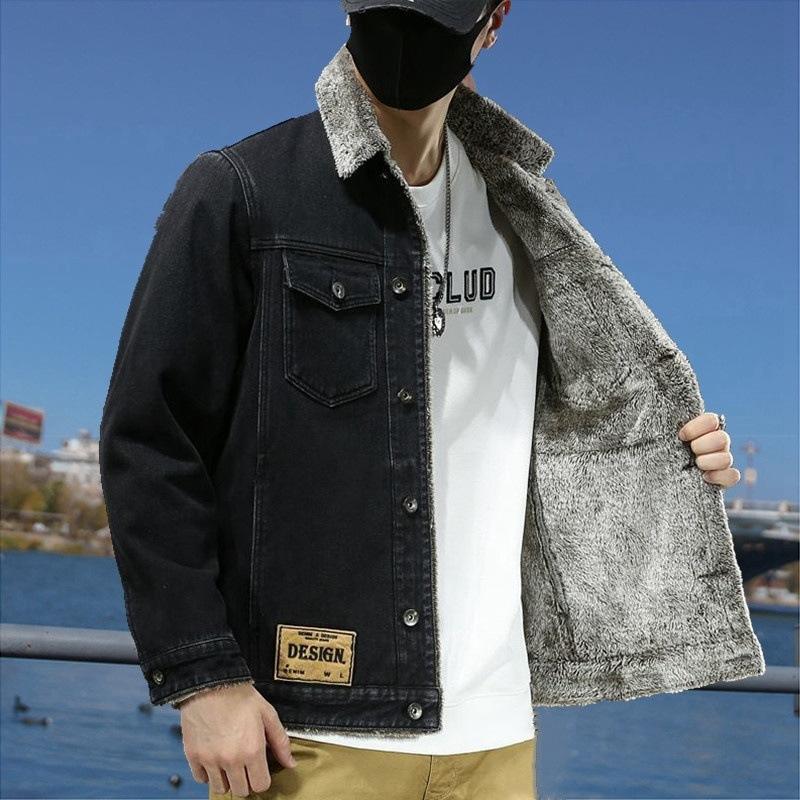Jeansjacke Herren Sherpa Herbst und Winter Plus Samt Verdickt Warme Baumwolljacke Locker und Schön Koreanischer Stil Trendige Partnerjacke