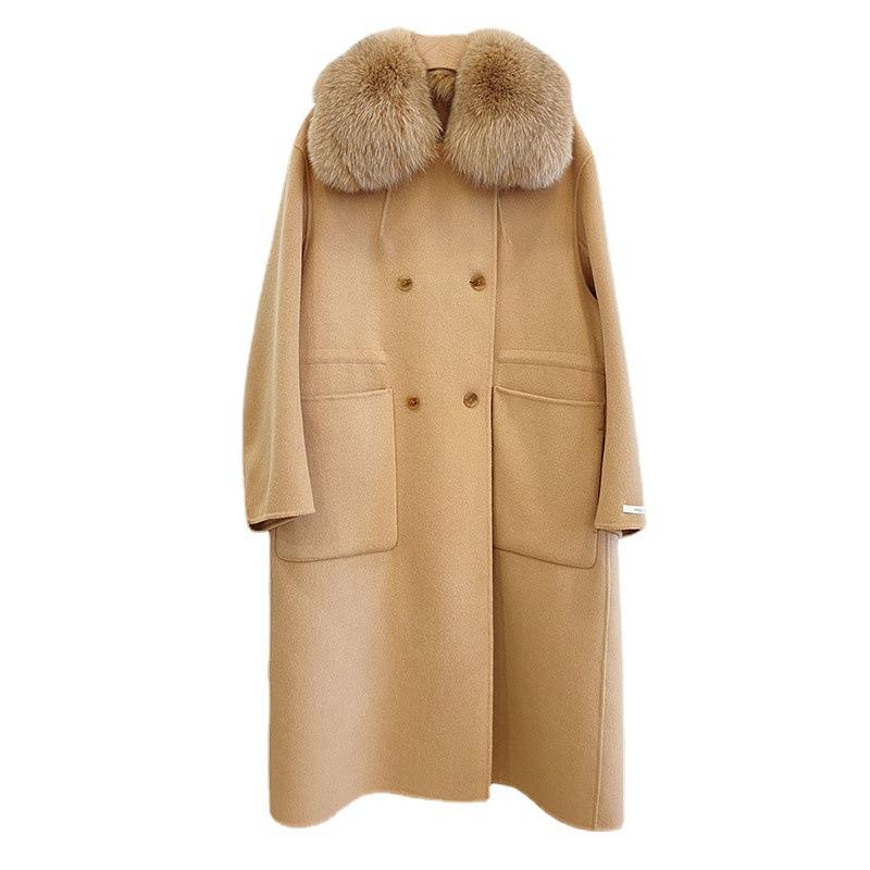 Double-sided pure wool coat, high-end large fur collar warm temperament commuter hand-sewn woolen coat
