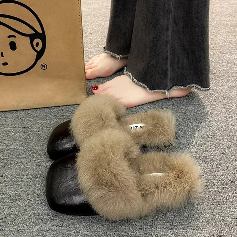 Fashion Women's Autumn/Winter Outdoor Wear New Style Flat Bottom Fur Slippers One Foot Drag No Heel Mule Fur Slippers Adult Simple