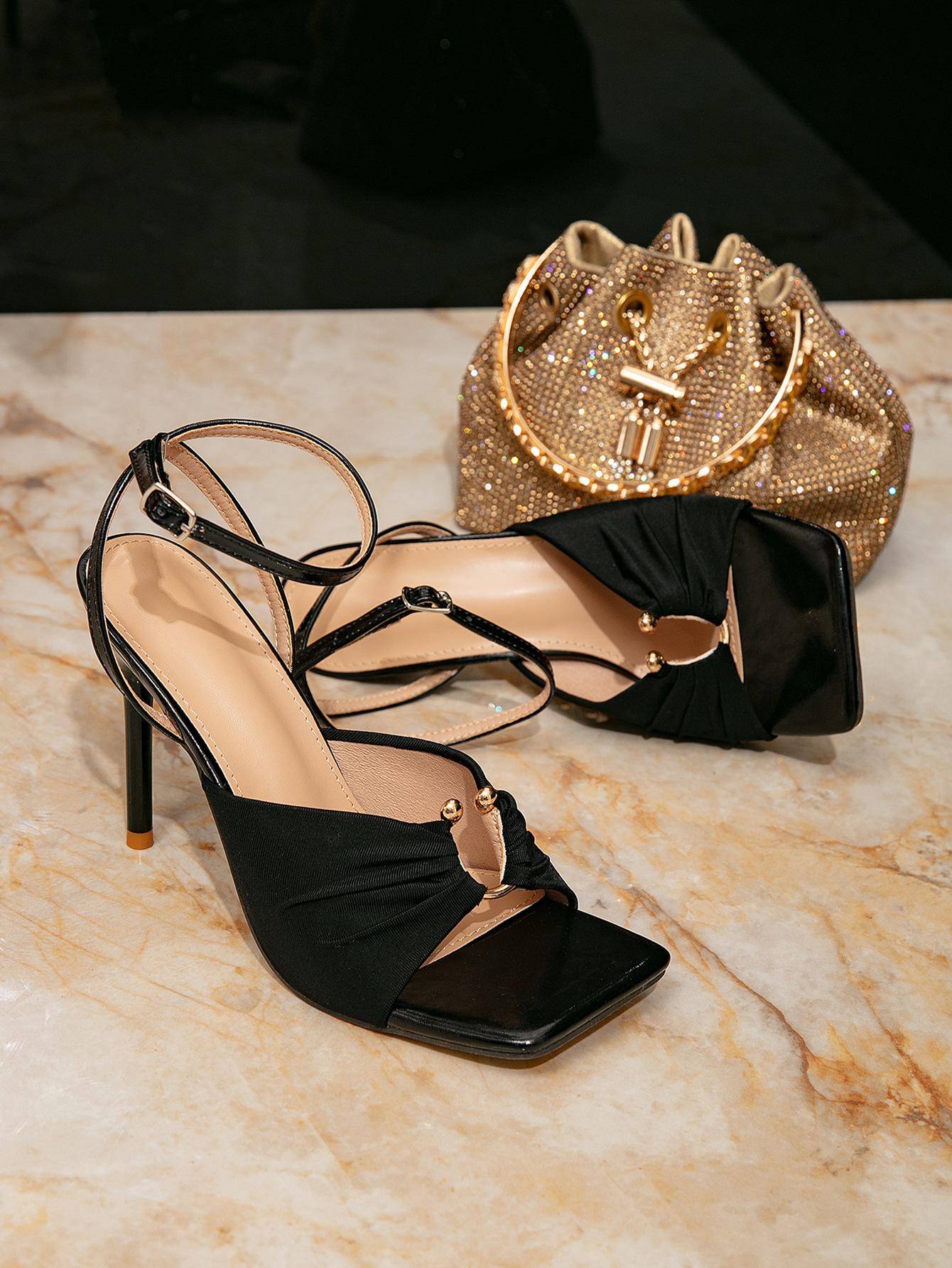 

Женские босоножки на высоком каблуке, женская обувь на высоком каблуке черного цвета, модные вечерние босоножки на шпильке с квадратным носком и пряжкой, простые босоножки на высоком каблуке 42 чёрный