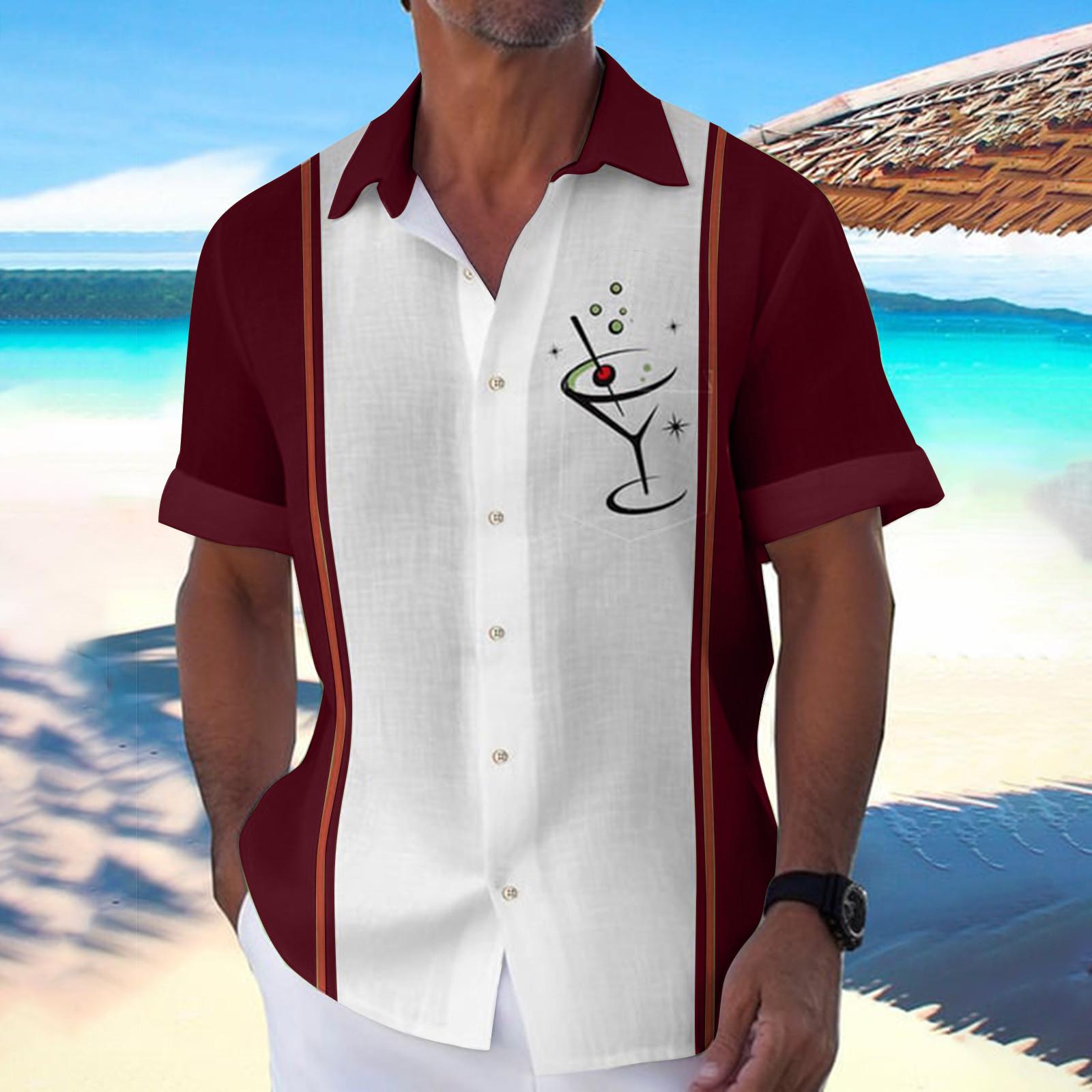 

Гавайская рубашка для мужчин, мужские винтажные рубашки для боулинга на пуговицах, летняя пляжная рубашка с коротким рукавом L винный