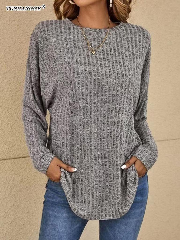 Maglione a Maglia Autunno Europeo 2025 - Girocollo, Costine, Manica Lunga, T-shirt Vestibilità Larga