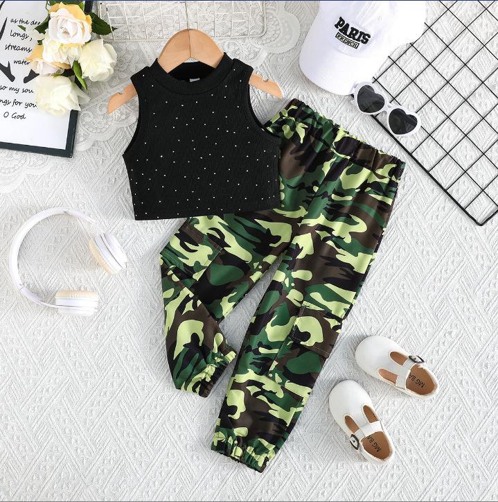 Children s Casual Set: Summer Girls Rhinestone Sleeveless Tank Top + Camouflage Work Pants Set 2-3Y