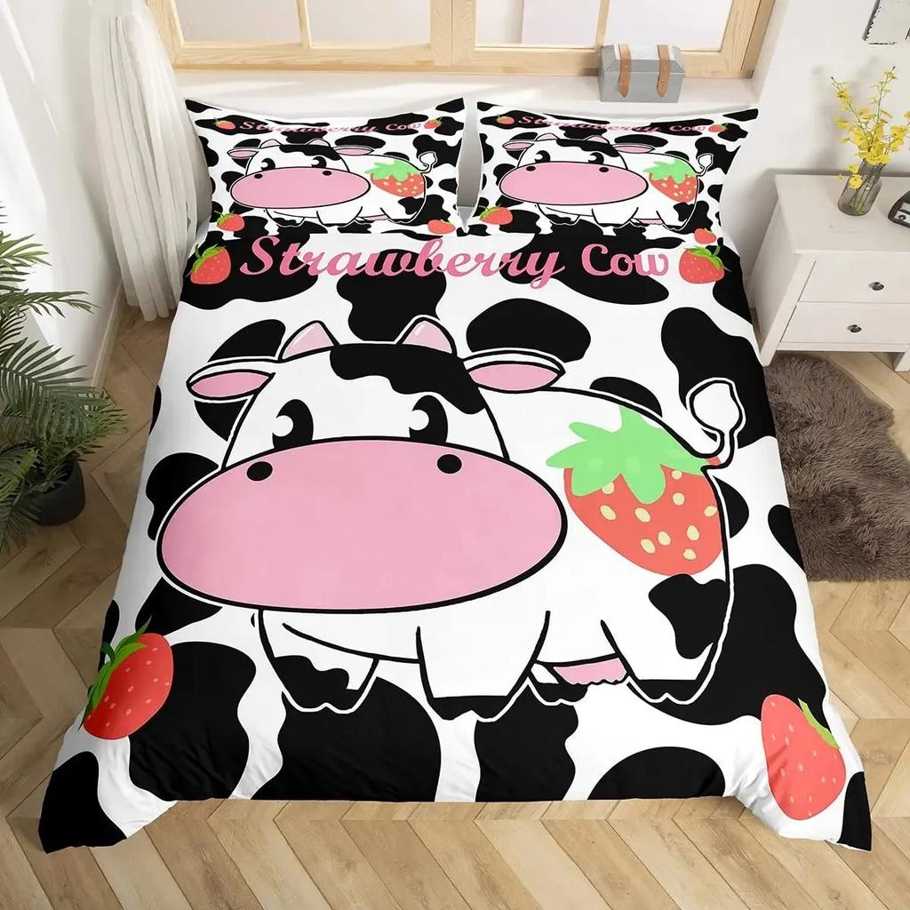 Milk Cow Duvet Cover Set Pink White Cow Strawberry Pattern Comforter Cover Bedding Set for Girls Kawaii Milk Cow Qulit Cover Set