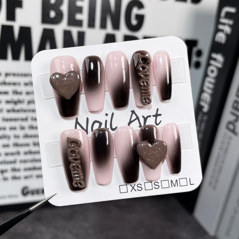 Handmade Press-On Nails With Gradient Dirty Pink Effect Heart Letter Design Medium-Long Length Women Extra Small