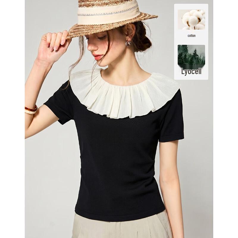 Wudao French Romantic Pleated Ruffle Collar Short Sleeve Blouse M