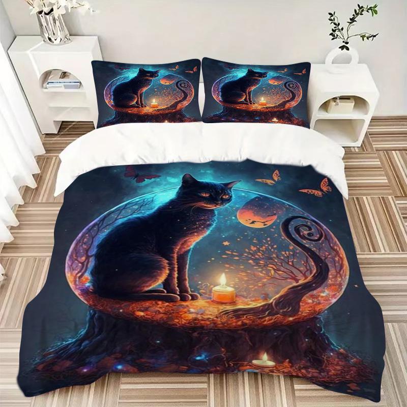 3pcs Anime Cat Moon and Butterflies Bedding Set - Includes One Quilt Cover and Two Pillowcases (No Core) - Home Decor, Festival Gift, Polyes