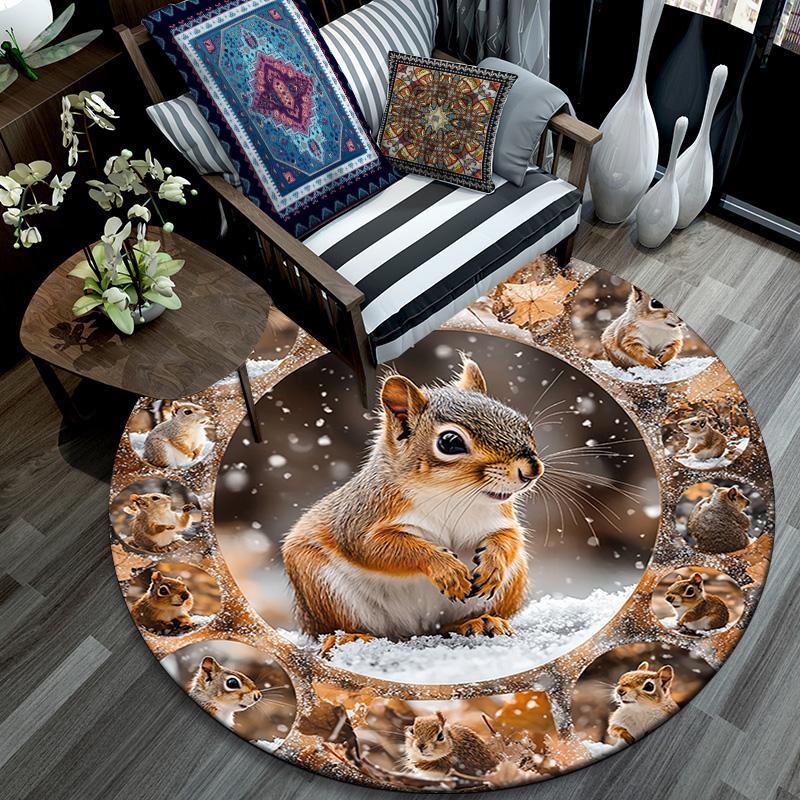 Squirrel Round Area Rug,Carpet Rug for Living Room Bedroom Sofa Playroom Decor,Non-slip Floor Mat