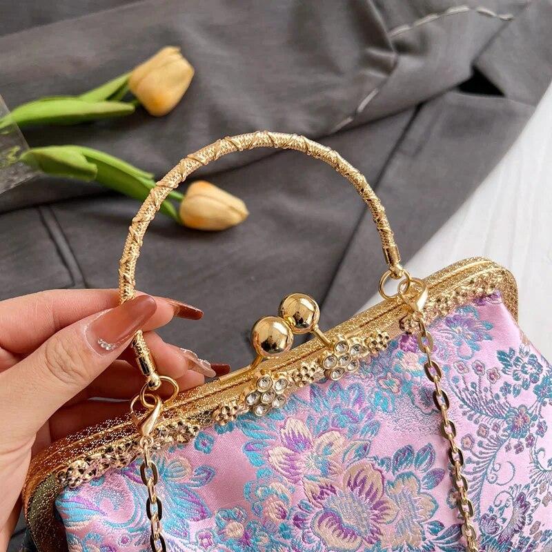 Vintage Women Wedding Clutch Flowers Lock Shell Clip Fringe Chain Shoulder Bags Purple Blue Crossbody Bags Handbags And Purses
